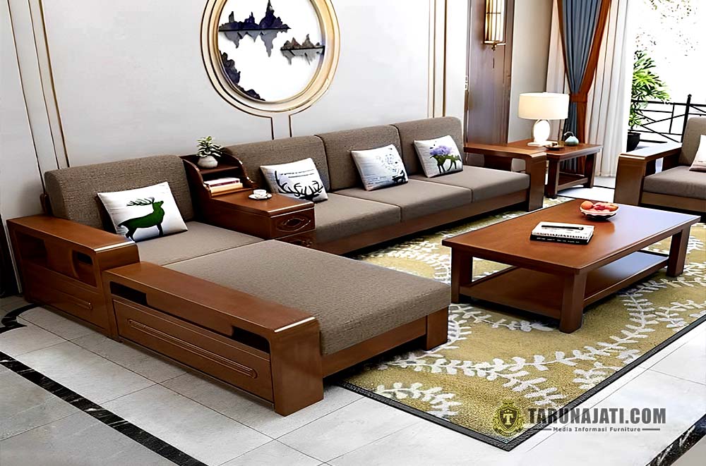 Sofa dengan Aksen Kayu Minimalis